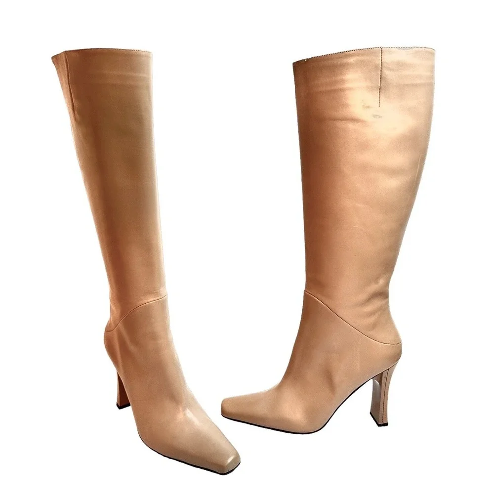 Via Spiga Leather Boots Tan Women's Knee High Ranch Cottagecore Sz 9.5 NEW Boho
